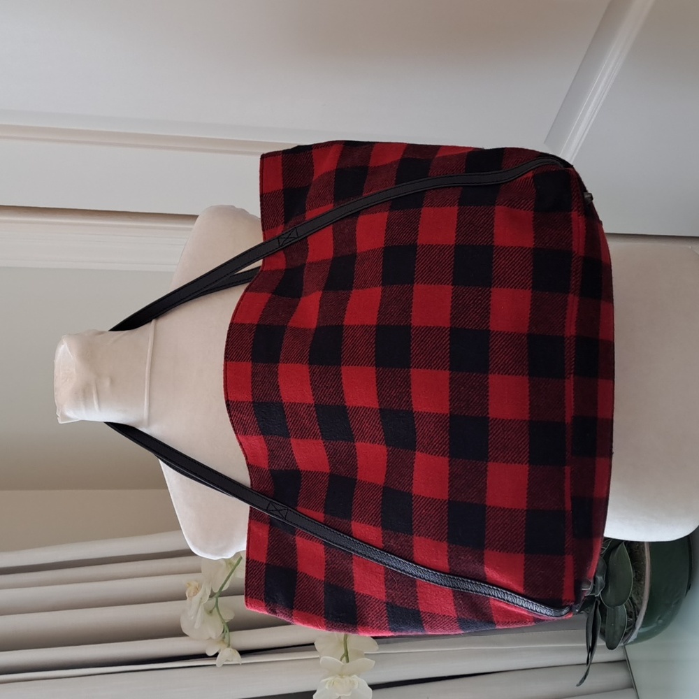 J.Jill Womens Buffalo Plaid Wool Blend‎ Tote Bag/Wristlet Black Leather Straps